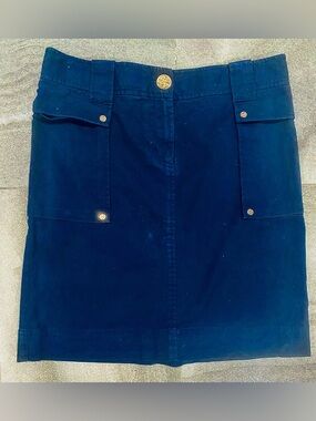 Women’s Tory Burch Navy Blue Utility Pencil Skirt Cargo Pockets Gold Buttons 6